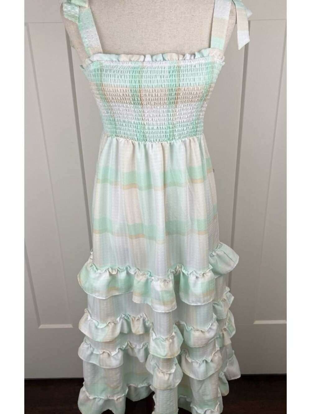 Moon River Smocked Ruffle Tiered Midi Dress Tie Shoulder Plaid Small Cottagecore